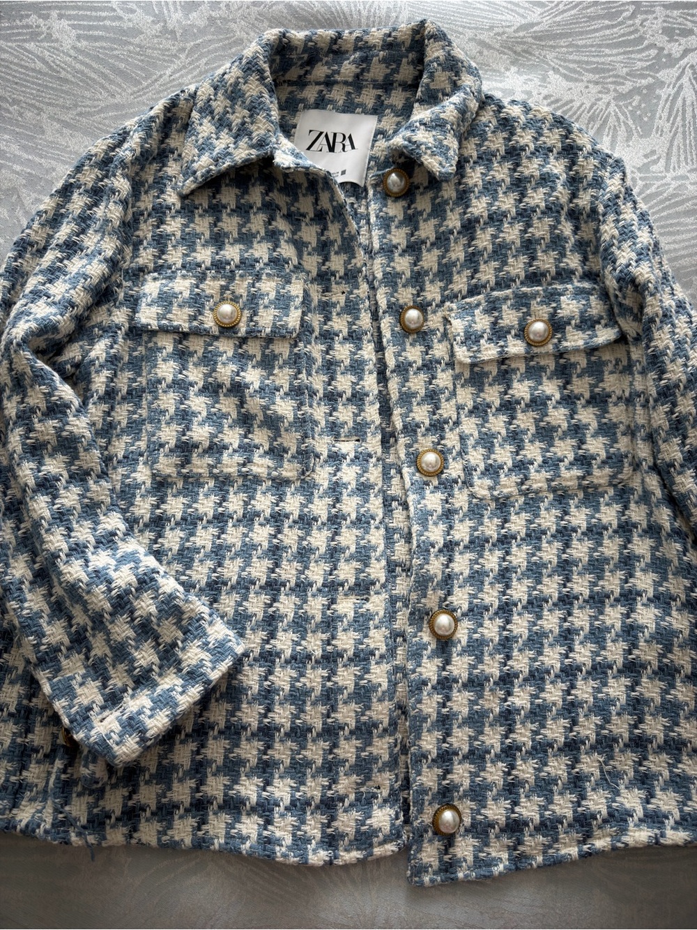 Zara Blue and Cream Houndstooth Pearl-Button Jacket